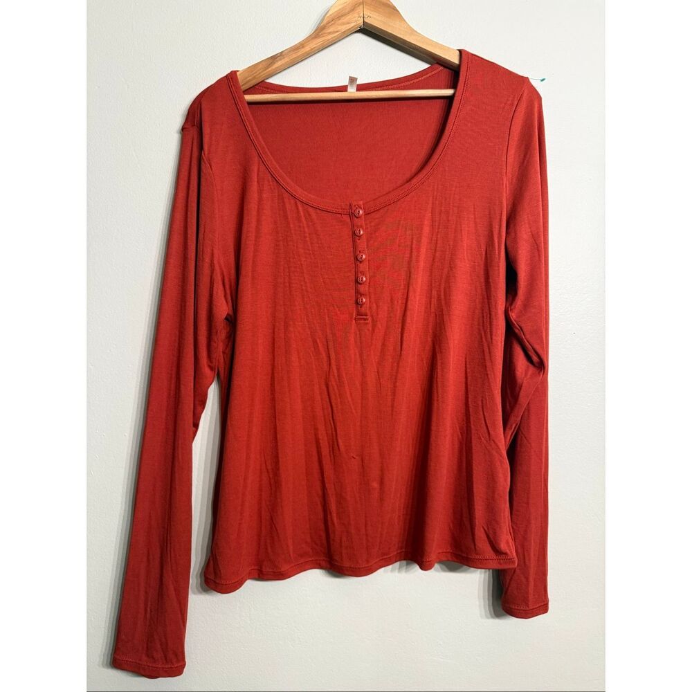 Halara Burnt Orange Ribbed Long Sleeve‎ Slim Casual Henley Neck T-Shirt Size XL